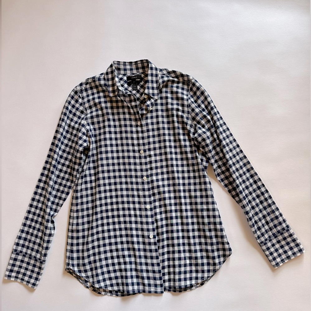 JCREW navy and white gingham checked button Front long sleeve blouse 100% cotton